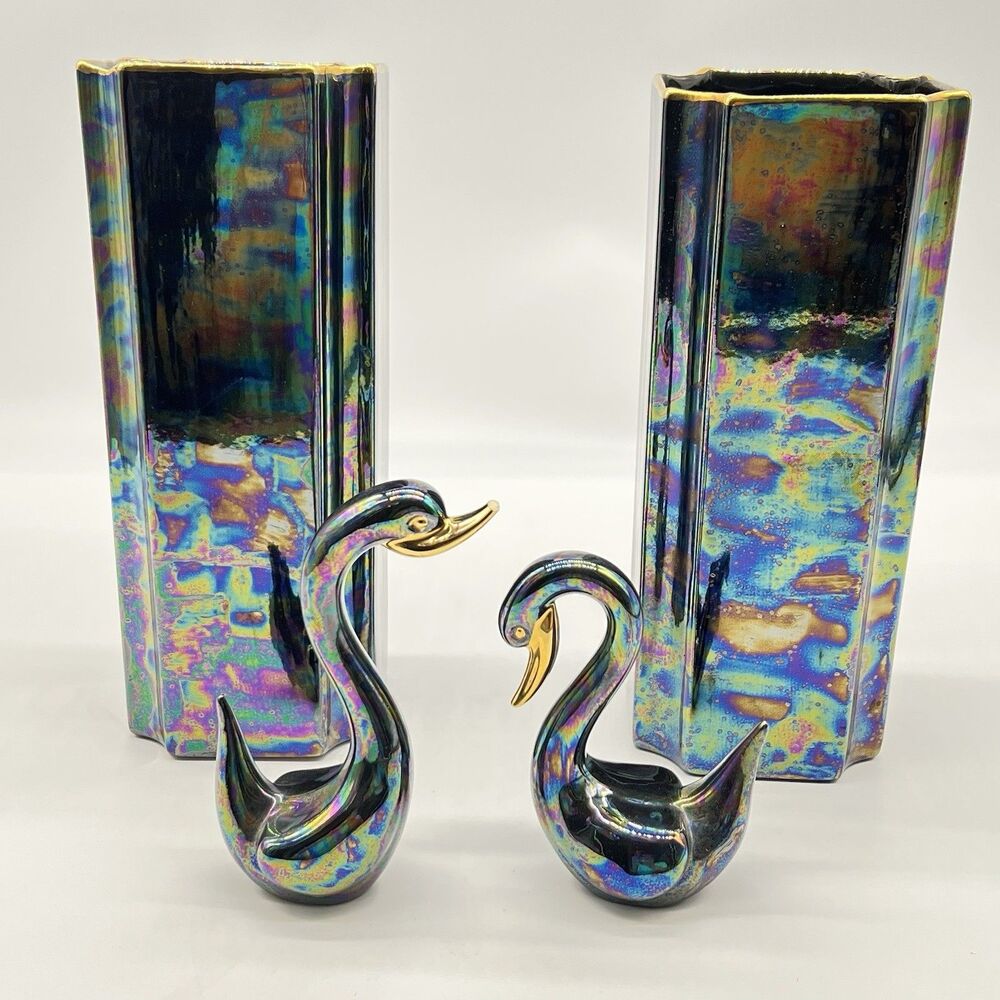 Lee Roy Cain Vintage Ceramic Pottery 2 Vases/Swans Iridescent Metallic Glaze
